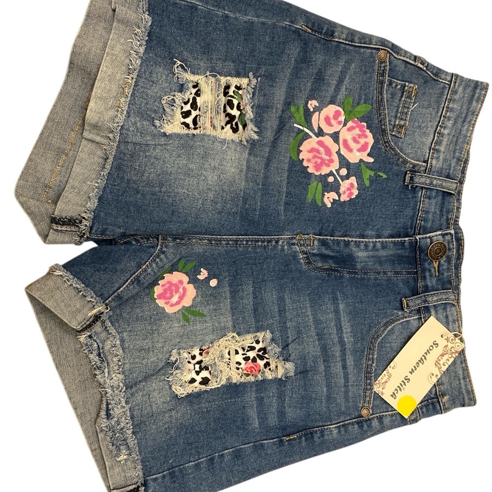 Blue and Pink Jean Shorts with Floral Embroidery